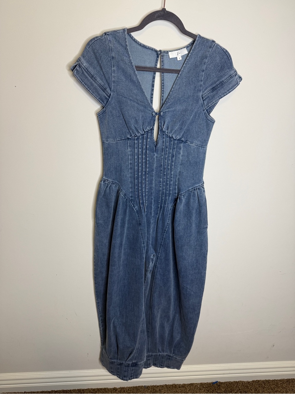 Washed Blue Denim Jumpsuit with Keyhole Front